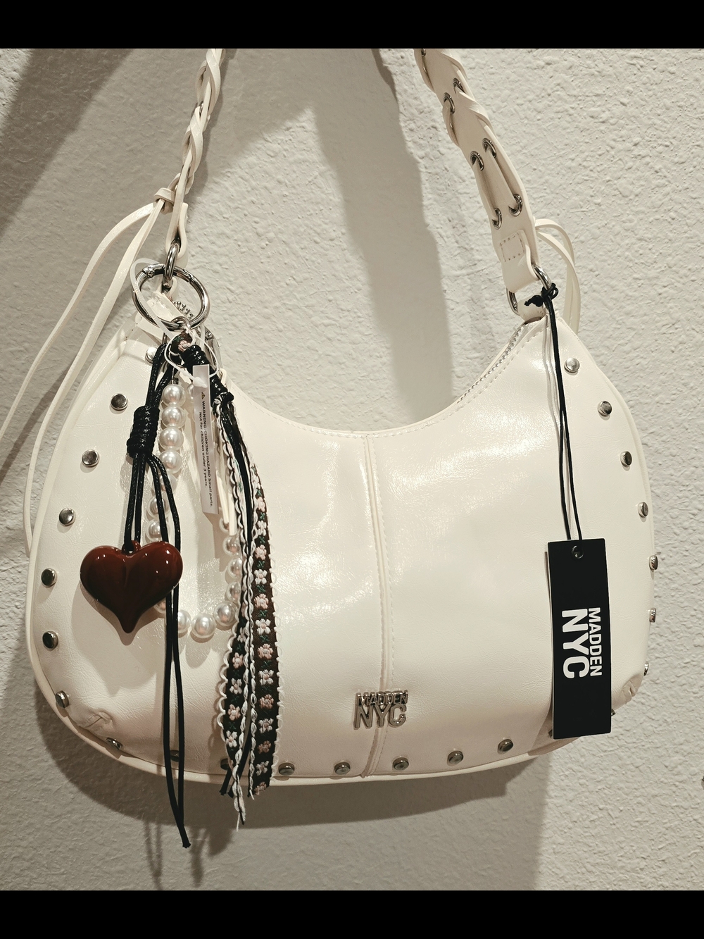 Madden NYC White Studded Shoulder Hobo with Tassel Charm